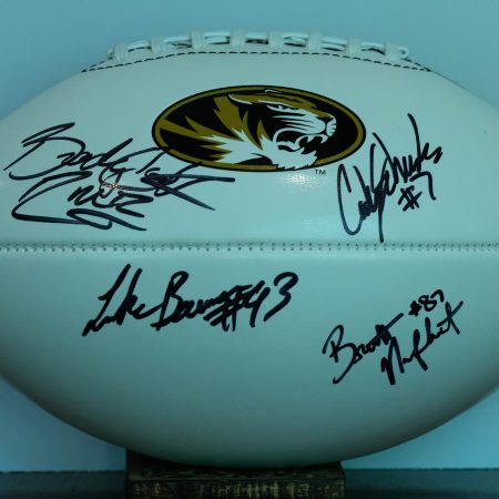 Mizzou Nike football signed by Cody Schrader, Brady Cook, Brett Norfleet, Luke Bauer in case with Cotton Bowl plaque